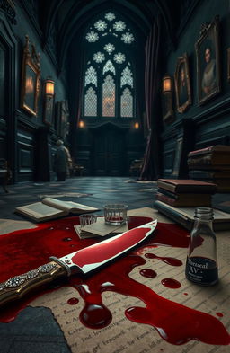 A thrilling murder mystery scene set in a dark academia boarding school, featuring a lavish bejewelled knife lying next to a pool of rich, crimson blood