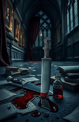 A thrilling murder mystery scene set in a dark academia boarding school, featuring a lavish bejewelled knife lying next to a pool of rich, crimson blood