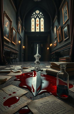 A thrilling murder mystery scene set in a dark academia boarding school, featuring a lavish bejewelled knife lying next to a pool of rich, crimson blood