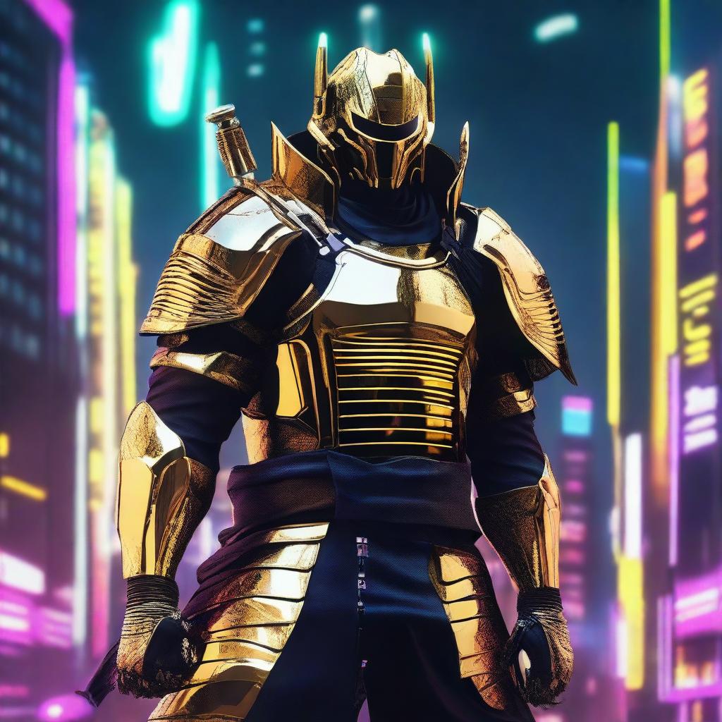 Generate an image of a regal Cyberpunk Samurai, outfitted in sleek golden armor with black accents