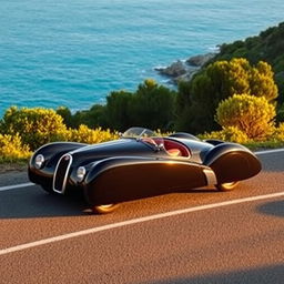 A stunning Bugatti Type 57 Atlantic elegantly parked on a scenic coastal road, surrounded by lush greenery and a vibrant blue ocean in the background