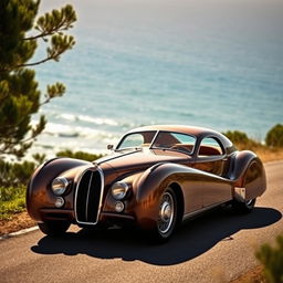 A stunning Bugatti Type 57 Atlantic elegantly parked on a scenic coastal road, surrounded by lush greenery and a vibrant blue ocean in the background