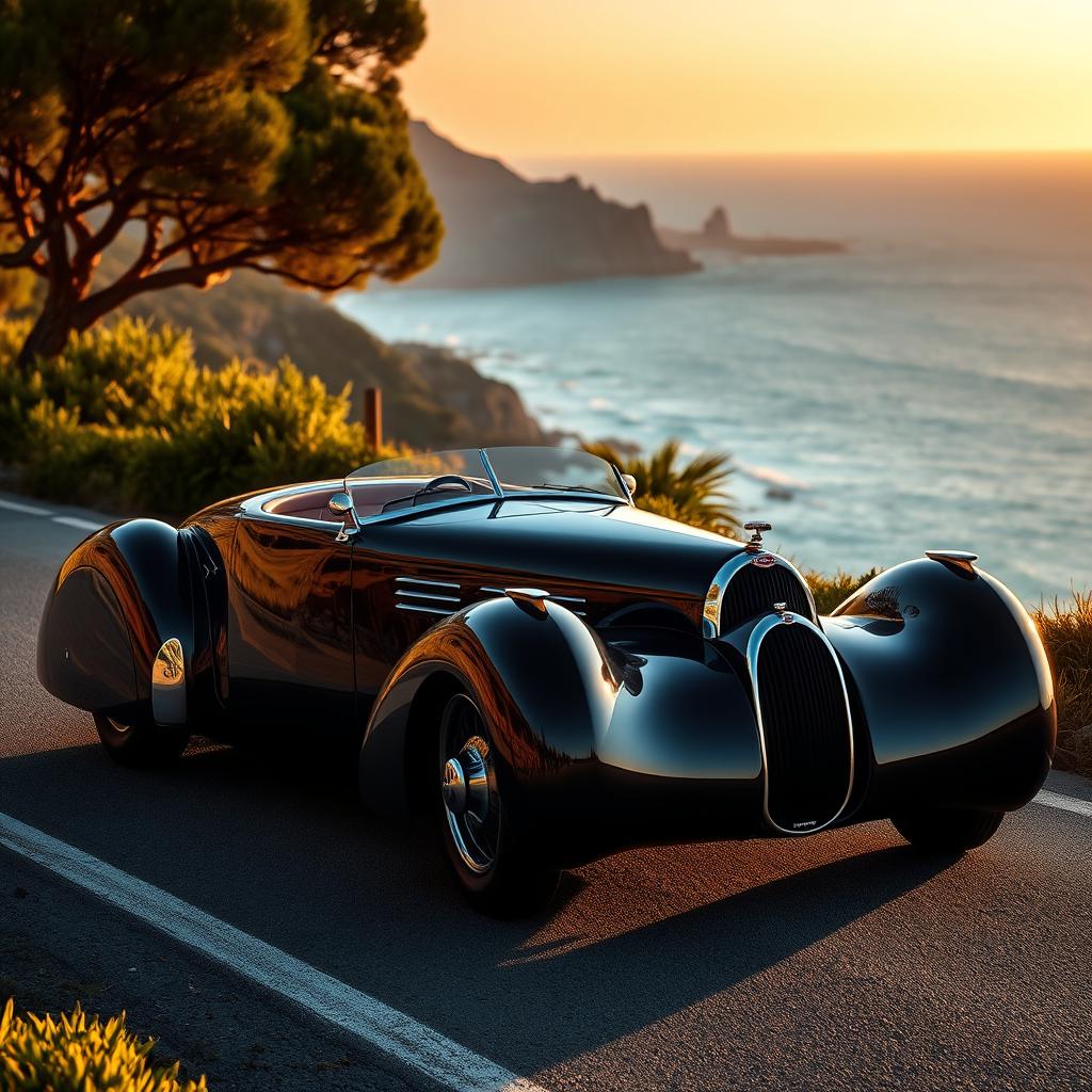 A stunning Bugatti Type 57 Atlantic elegantly parked on a scenic coastal road, surrounded by lush greenery and a vibrant blue ocean in the background