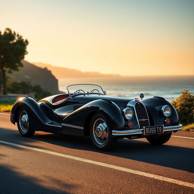 A stunning Bugatti Type 57 Atlantic elegantly parked on a scenic coastal road, surrounded by lush greenery and a vibrant blue ocean in the background