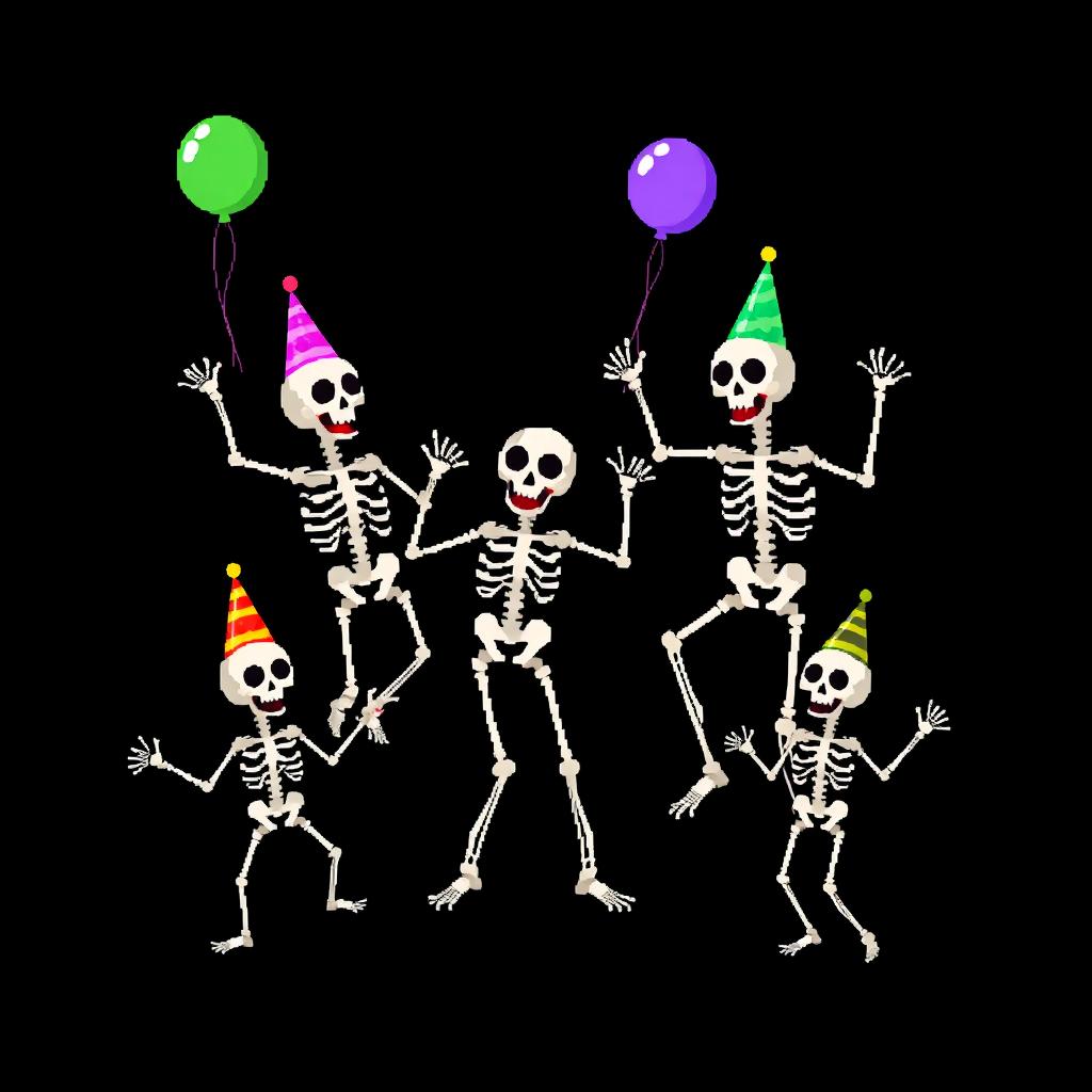 Pixel art of dancing skeletons on a black background, showcasing a lively and festive atmosphere, with the skeletons in various dance poses, wearing colorful party hats and holding balloons