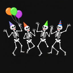 Pixel art of dancing skeletons on a black background, showcasing a lively and festive atmosphere, with the skeletons in various dance poses, wearing colorful party hats and holding balloons