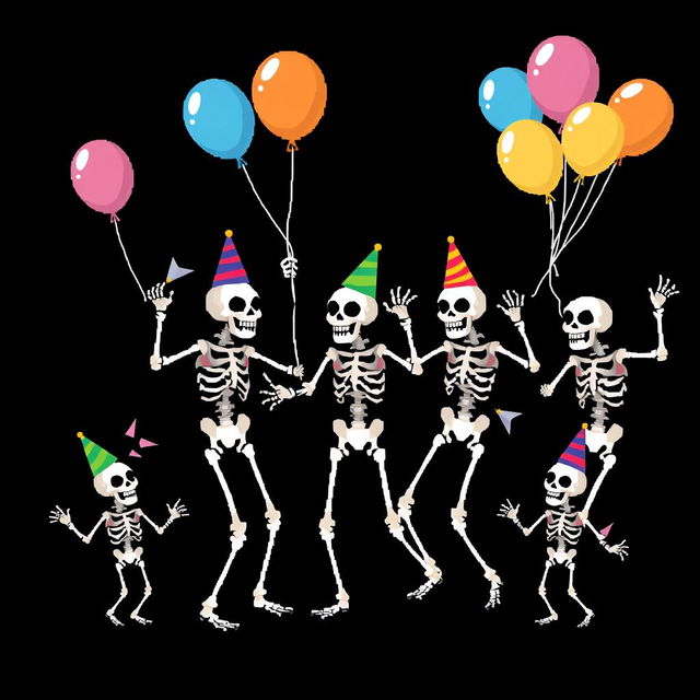 Pixel art of dancing skeletons on a black background, showcasing a lively and festive atmosphere, with the skeletons in various dance poses, wearing colorful party hats and holding balloons