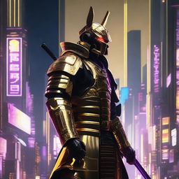 Generate an image of a regal Cyberpunk Samurai, outfitted in sleek golden armor with black accents