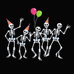 Pixel art of dancing skeletons on a black background, showcasing a lively and festive atmosphere, with the skeletons in various dance poses, wearing colorful party hats and holding balloons