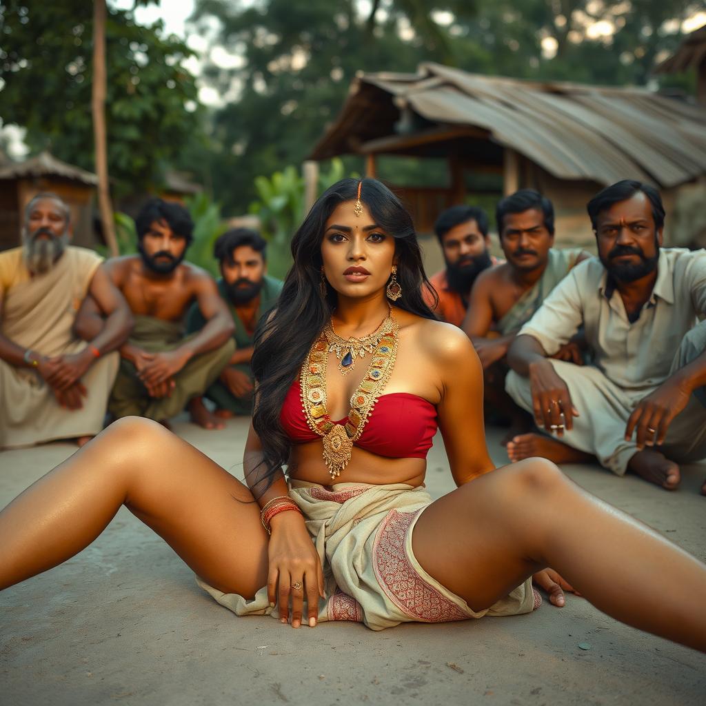 A sultry Indian woman with long, alluring legs, embodying beauty and sensuality, lying gracefully on the floor outside a rustic Indian village