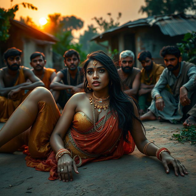 A sultry Indian woman with long, alluring legs, embodying beauty and sensuality, lying gracefully on the floor outside a rustic Indian village