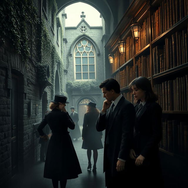 An intriguing murder mystery scene set in a dark academia boarding school, showcasing a mysterious and gothic atmosphere