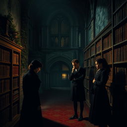 An intriguing murder mystery scene set in a dark academia boarding school, showcasing a mysterious and gothic atmosphere