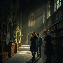 An intriguing murder mystery scene set in a dark academia boarding school, showcasing a mysterious and gothic atmosphere