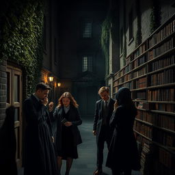 An intriguing murder mystery scene set in a dark academia boarding school, showcasing a mysterious and gothic atmosphere
