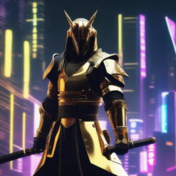 Generate an image of a regal Cyberpunk Samurai, outfitted in sleek golden armor with black accents