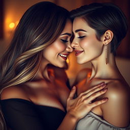 A stunning, elegant woman gently kissing the breast of her beautiful girlfriend, creating an intimate and affectionate moment