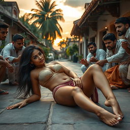 A sultry Indian woman with long, sexy legs lying on the floor outside a quaint Indian village