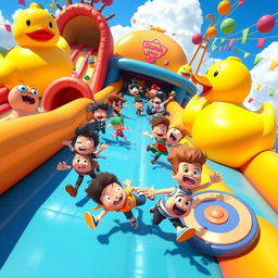 A vibrant and colorful scene depicting characters from the game "Stumble Guys" engaging in a fun and chaotic obstacle course