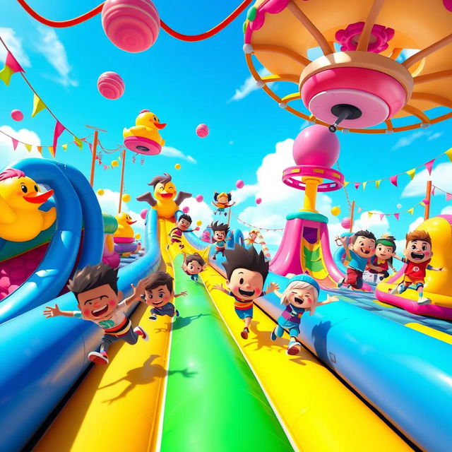 A vibrant and colorful scene depicting characters from the game "Stumble Guys" engaging in a fun and chaotic obstacle course