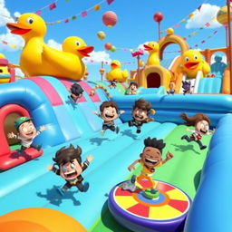 A vibrant and colorful scene depicting characters from the game "Stumble Guys" engaging in a fun and chaotic obstacle course