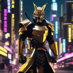 Generate an image of a regal Cyberpunk Samurai, outfitted in sleek golden armor with black accents