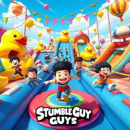 A vibrant and colorful scene depicting characters from the game "Stumble Guys" engaging in a fun and chaotic obstacle course