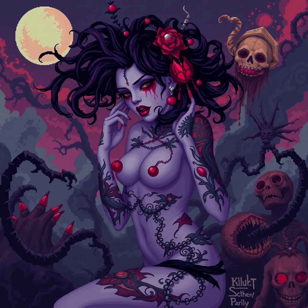 Pixel art featuring a surreal interpretation of eroticism, combining elements of horror and beauty