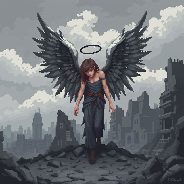 A pixel art depiction of a fallen angel surrounded by a stark gray reality