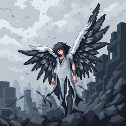 A pixel art depiction of a fallen angel surrounded by a stark gray reality