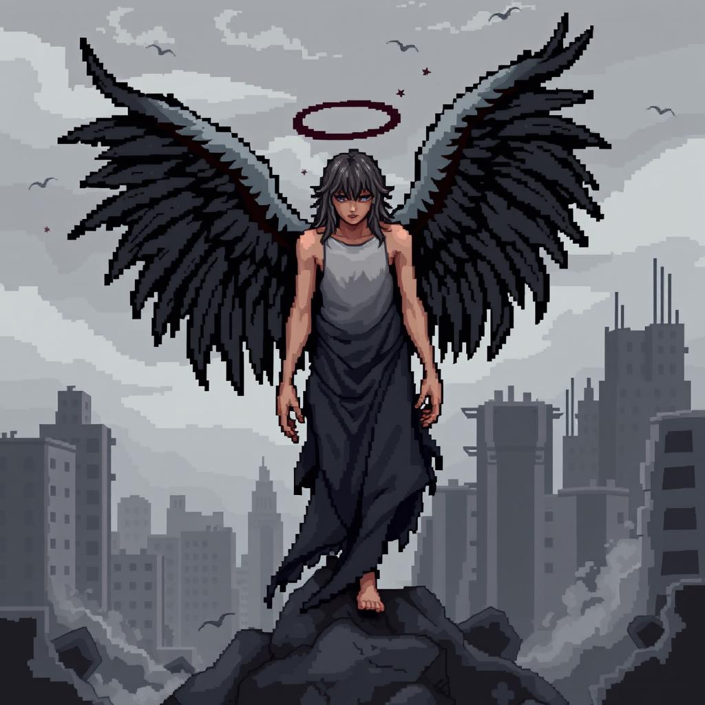 A pixel art depiction of a fallen angel surrounded by a stark gray reality