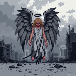 A pixel art depiction of a fallen angel surrounded by a stark gray reality