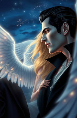 A devilishly handsome vampire, with sharp features and piercing eyes, looking lustfully into the eyes of a beautiful angel