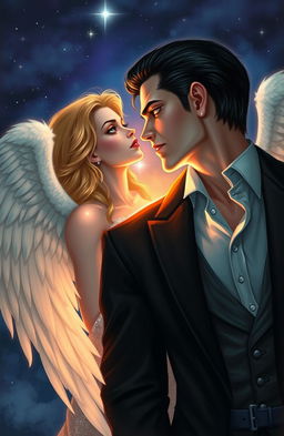 A devilishly handsome vampire, with sharp features and piercing eyes, looking lustfully into the eyes of a beautiful angel