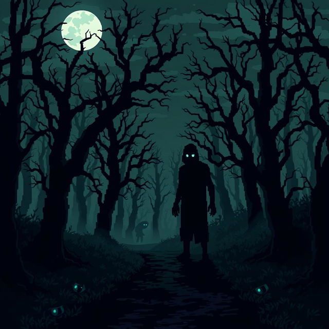 A chilling pixel art scene depicting a dark and eerie forest at night, shrouded in mist