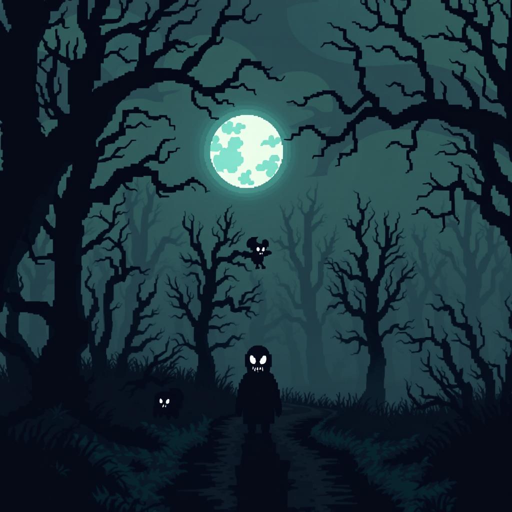 A chilling pixel art scene depicting a dark and eerie forest at night, shrouded in mist