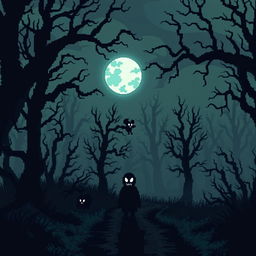 A chilling pixel art scene depicting a dark and eerie forest at night, shrouded in mist