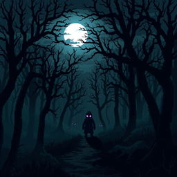A chilling pixel art scene depicting a dark and eerie forest at night, shrouded in mist