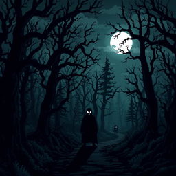 A chilling pixel art scene depicting a dark and eerie forest at night, shrouded in mist