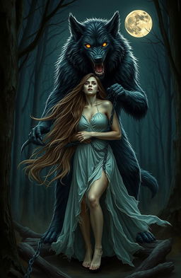 A mystical and dramatic scene depicting a young woman with long flowing hair, dressed in a torn, ethereal dress, appearing both frightened and entranced as she is chained by a towering, menacing werewolf