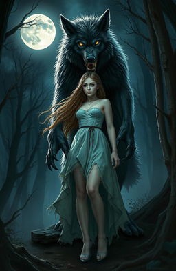 A mystical and dramatic scene depicting a young woman with long flowing hair, dressed in a torn, ethereal dress, appearing both frightened and entranced as she is chained by a towering, menacing werewolf