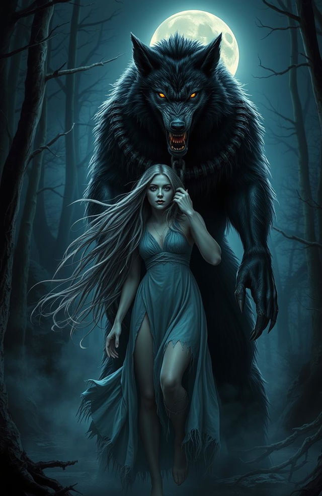 A mystical and dramatic scene depicting a young woman with long flowing hair, dressed in a torn, ethereal dress, appearing both frightened and entranced as she is chained by a towering, menacing werewolf