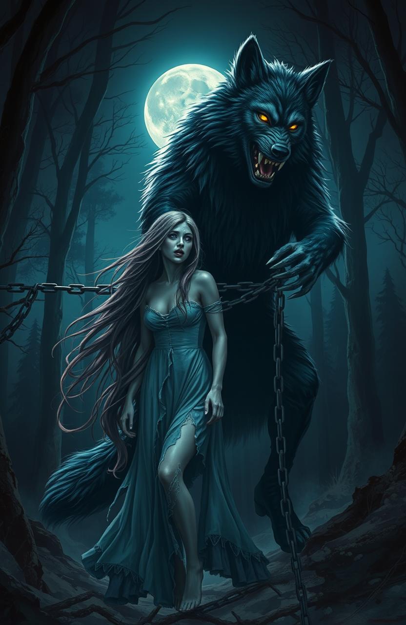 A mystical and dramatic scene depicting a young woman with long flowing hair, dressed in a torn, ethereal dress, appearing both frightened and entranced as she is chained by a towering, menacing werewolf