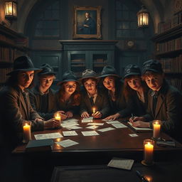 A captivating murder mystery scene set in a dark academia boarding school, featuring a group of teen detectives gathered in a shadowy library filled with ancient books and flickering candlelight