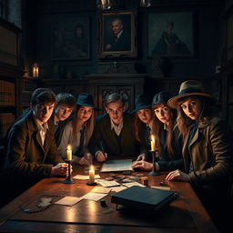 A captivating murder mystery scene set in a dark academia boarding school, featuring a group of teen detectives gathered in a shadowy library filled with ancient books and flickering candlelight