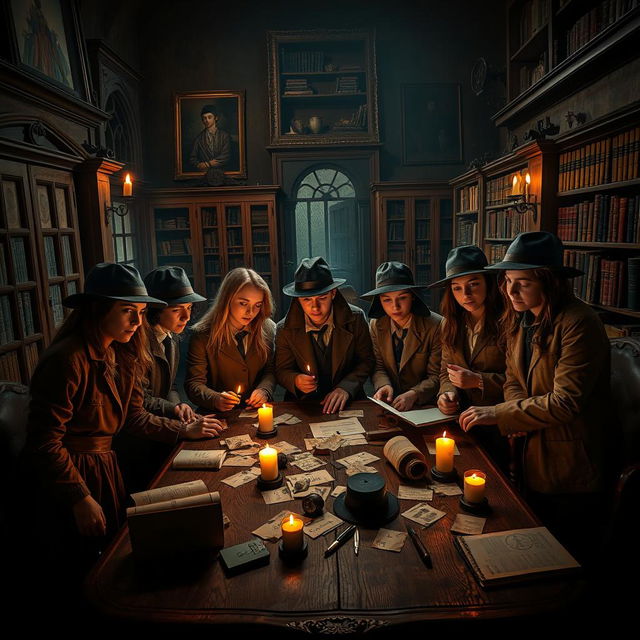 A captivating murder mystery scene set in a dark academia boarding school, featuring a group of teen detectives gathered in a shadowy library filled with ancient books and flickering candlelight