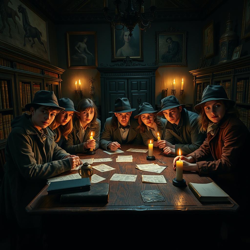 A captivating murder mystery scene set in a dark academia boarding school, featuring a group of teen detectives gathered in a shadowy library filled with ancient books and flickering candlelight