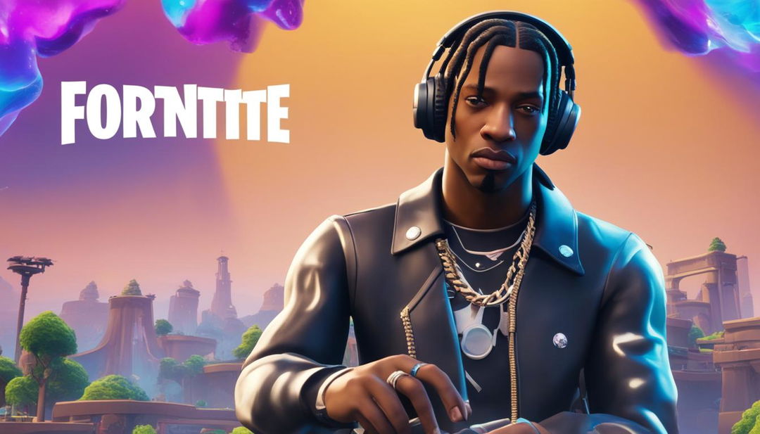 32k HD close-up of Travis Scott for a Fortnite-themed YouTube thumbnail, featuring a holographic Fortnite logo and a blurred Fortnite concert stage in the background