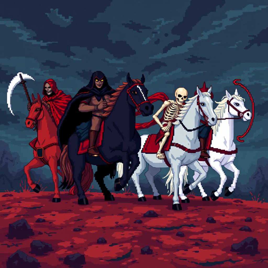 Pixel art depicting the Four Horsemen of the Apocalypse, each horseman with distinct characteristics: Death on a black horse wearing a dark cloak and holding a scythe, War on a red horse, armored and carrying a sword, Famine on a pale horse with a skeletal appearance holding scales, and Pestilence on a white horse with a bow and arrows