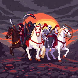 Pixel art depicting the Four Horsemen of the Apocalypse, each horseman with distinct characteristics: Death on a black horse wearing a dark cloak and holding a scythe, War on a red horse, armored and carrying a sword, Famine on a pale horse with a skeletal appearance holding scales, and Pestilence on a white horse with a bow and arrows